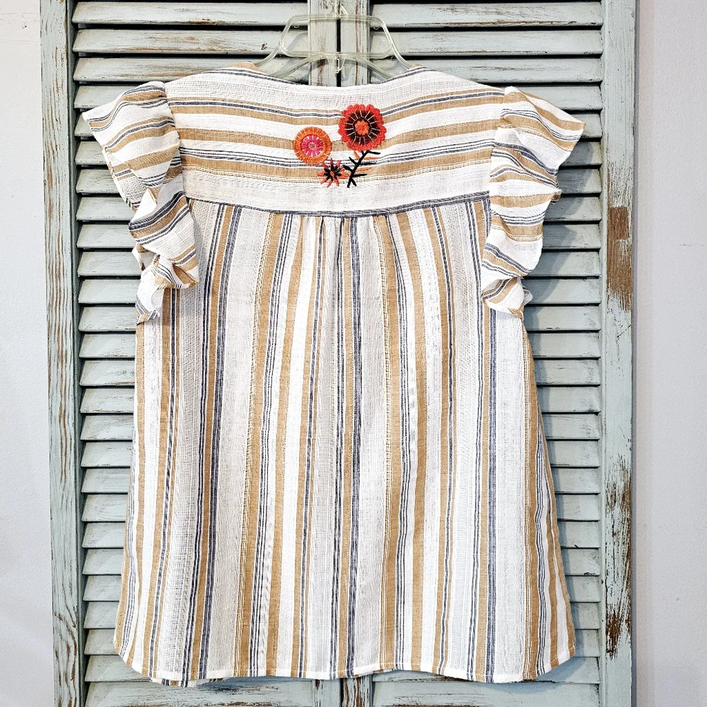 THML Babydoll Top S Floral Embroidered Striped Ruffle Boho Prairie Cottagecore - Picture 6 of 8